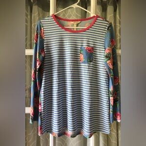 Matilda Jane size S modal blend blue and white striped and prink floral top